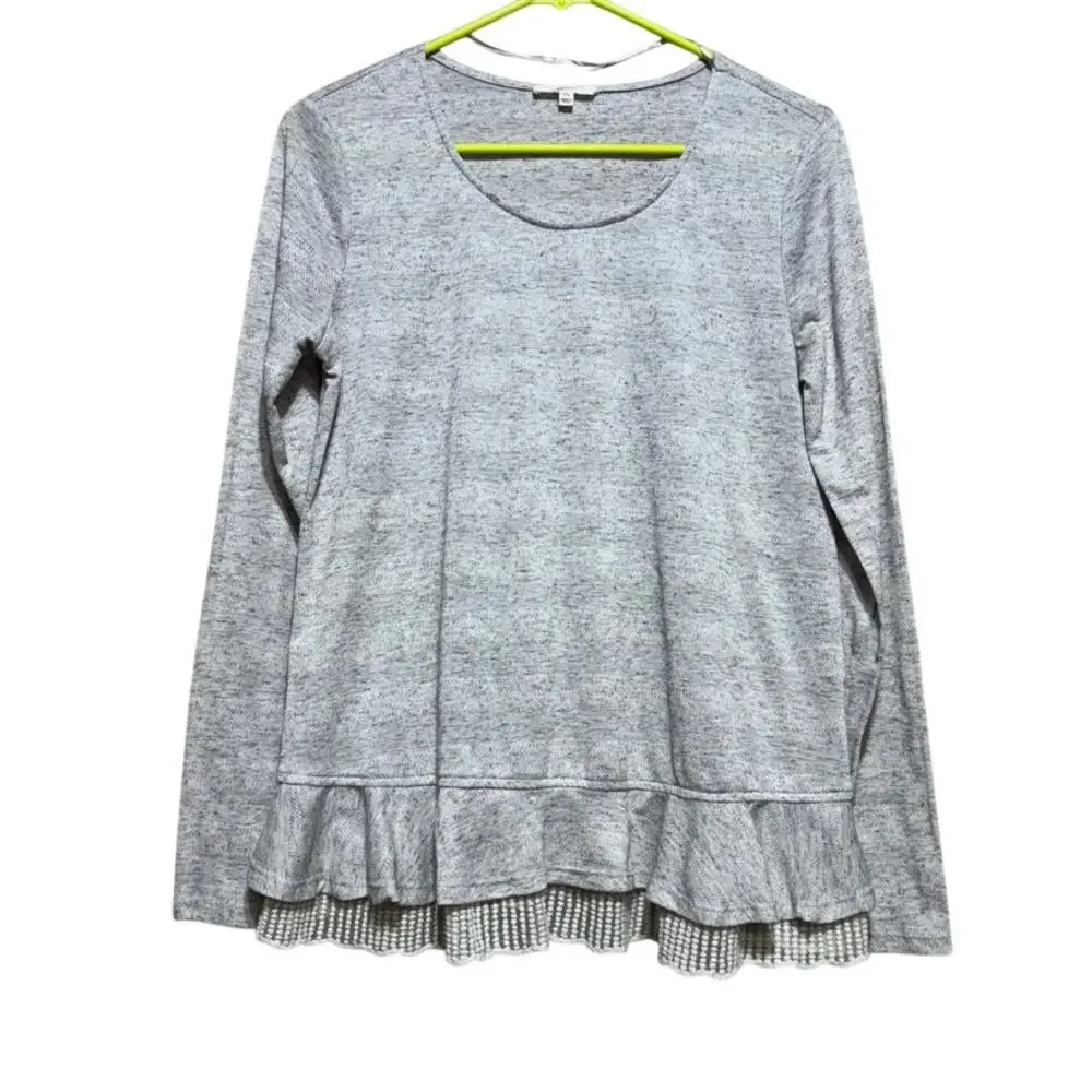 Mystree Women's Gray Lace Trim Textured Long Sleeve Shirt Size M - Picture 1 of 8